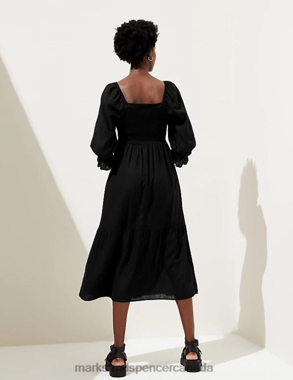 Marks and Spencer near me - Women Black Clothing Marks & Spencer Linen Blend Square Neck Shirred Midi Dress 20VTD1330