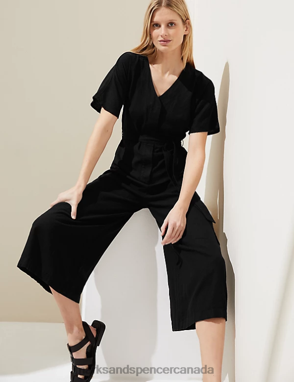 Women Black Clothing Marks & Spencer Linen Rich Cropped Wide Leg Jumpsuit 20VTD2891 - Marks and Spencer online