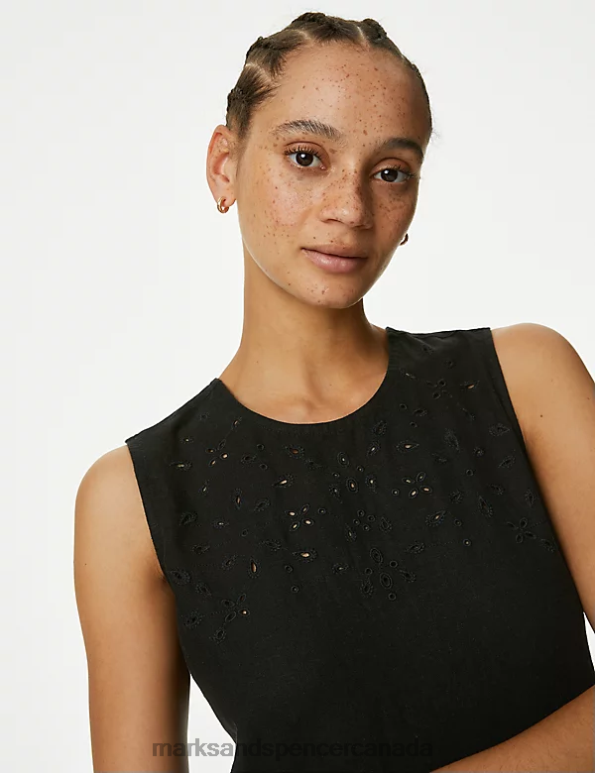 Women Black Clothing Marks & Spencer Linen Rich Cutwork Detail Midi Swing Dress 20VTD183 - Marks and Spencer outlet