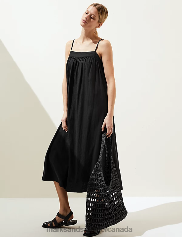 Women Black Clothing Marks & Spencer Linen Rich Square Neck Midi Cami Dress 20VTD1339 - Marks and Spencer online