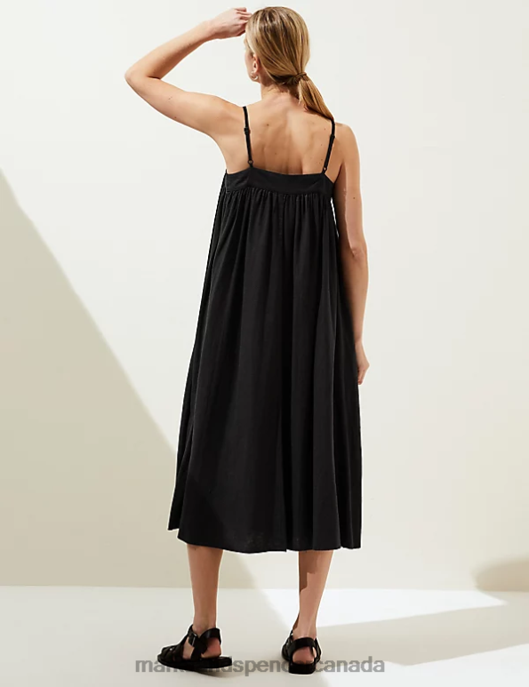 Women Black Clothing Marks & Spencer Linen Rich Square Neck Midi Cami Dress 20VTD1339 - Marks and Spencer online