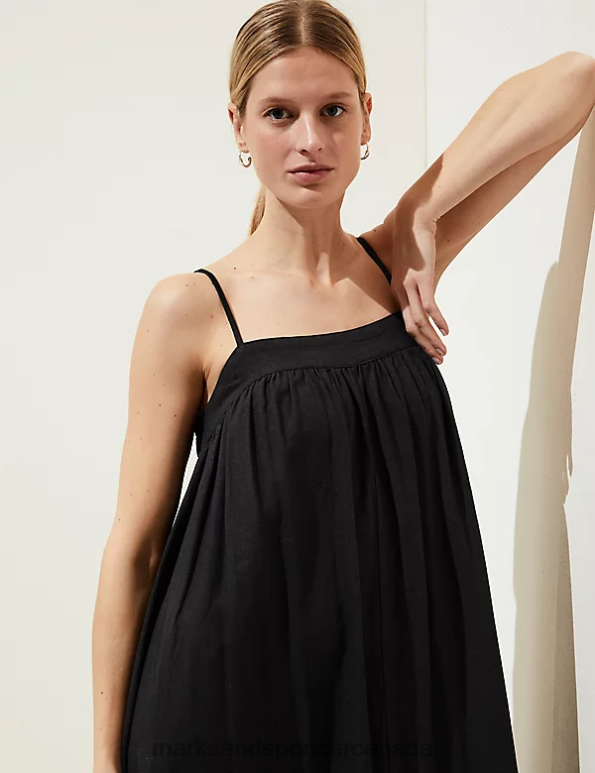 Women Black Clothing Marks & Spencer Linen Rich Square Neck Midi Cami Dress 20VTD1339 - Marks and Spencer online