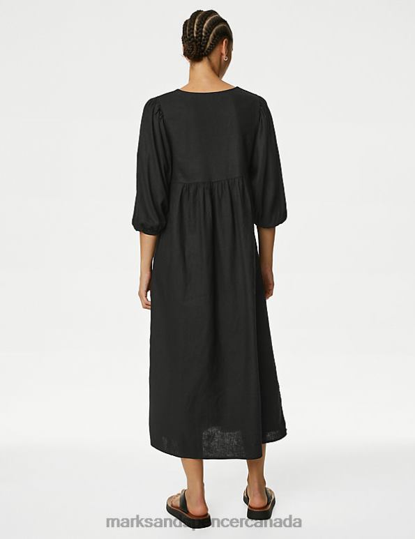Women Black Clothing Marks & Spencer Linen Rich V-Neck Midi Beach Dress 20VTD371 - Marks and Spencer online