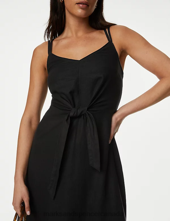 Women Black Clothing Marks & Spencer Linen Rich V-Neck Midi Waisted Dress 20VTD2612 - Marks and Spencer outlet