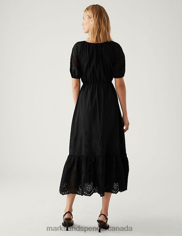 Women Black Clothing Marks & Spencer Pure Cotton Broderie Midaxi Tiered Dress 20VTD2015 - Marks and Spencer outlet