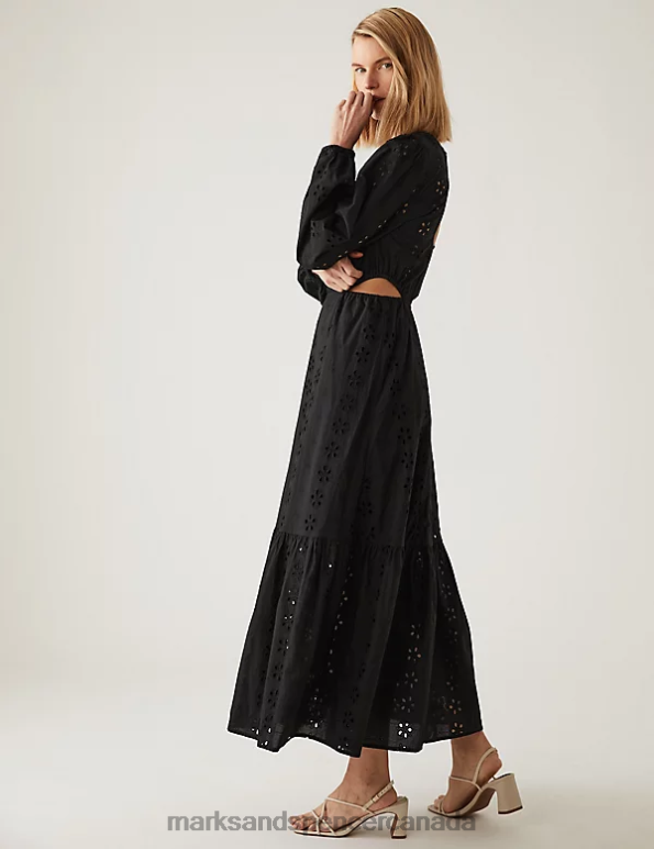 Women Black Clothing Marks & Spencer Pure Cotton Broderie Midaxi Waisted Dress 20VTD1162 - Marks and Spencer outlet