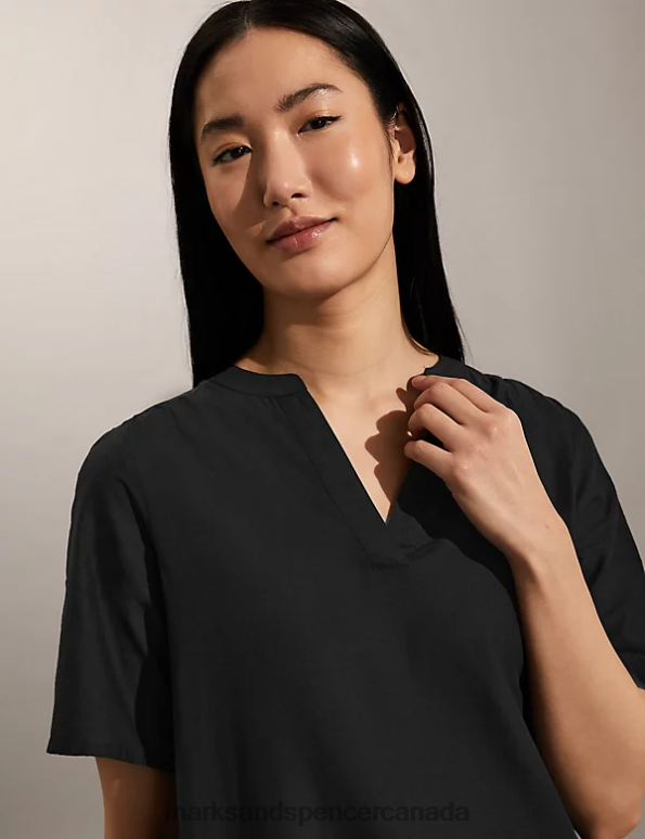 Marks and Spencer Canada - Women Black Clothing Marks & Spencer Pure Cotton Broderie V-Neck Mini Shift Dress 20VTD299