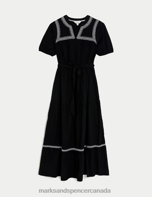 Women Black Clothing Marks & Spencer Pure Cotton Embroidered Maxi Tiered Dress 20VTD1454 - Marks and Spencer outlet