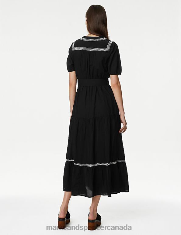Women Black Clothing Marks & Spencer Pure Cotton Embroidered Maxi Tiered Dress 20VTD1454 - Marks and Spencer outlet