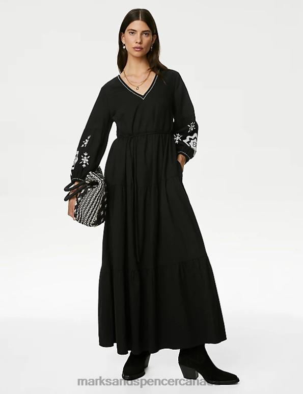 Women Black Clothing Marks & Spencer Pure Cotton Embroidered Midaxi Smock Dress 20VTD293 - Marks and Spencer Canada locations