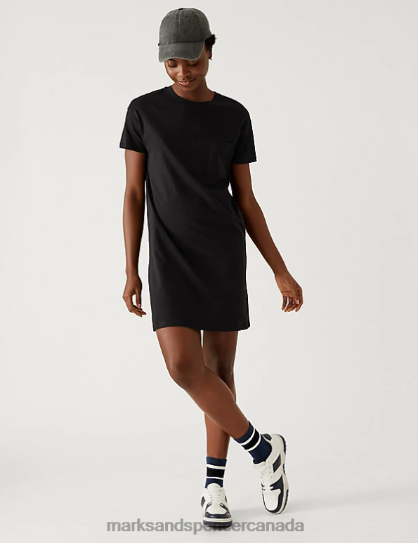 Marks and Spencer Canada - Women Black Clothing Marks & Spencer Pure Cotton Round Neck Mini T-Shirt Dress 20VTD2793