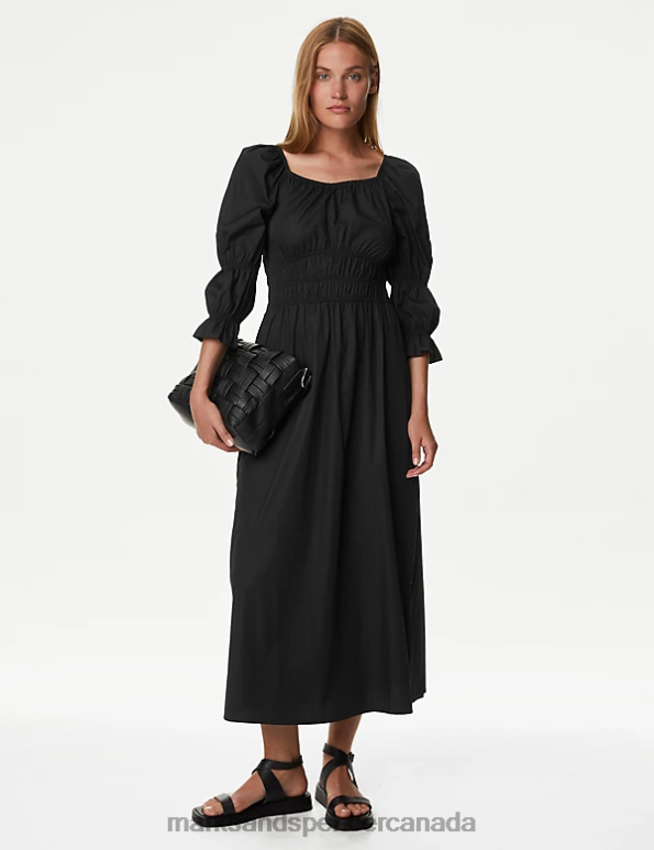 Marks and Spencer near me - Women Black Clothing Marks & Spencer Pure Cotton Square Neck Midi Waisted Dress 20VTD95