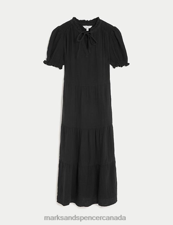 Women Black Clothing Marks & Spencer Pure Cotton Tie Neck Midi Tiered Dress 20VTD1017 - Marks and Spencer Canada locations