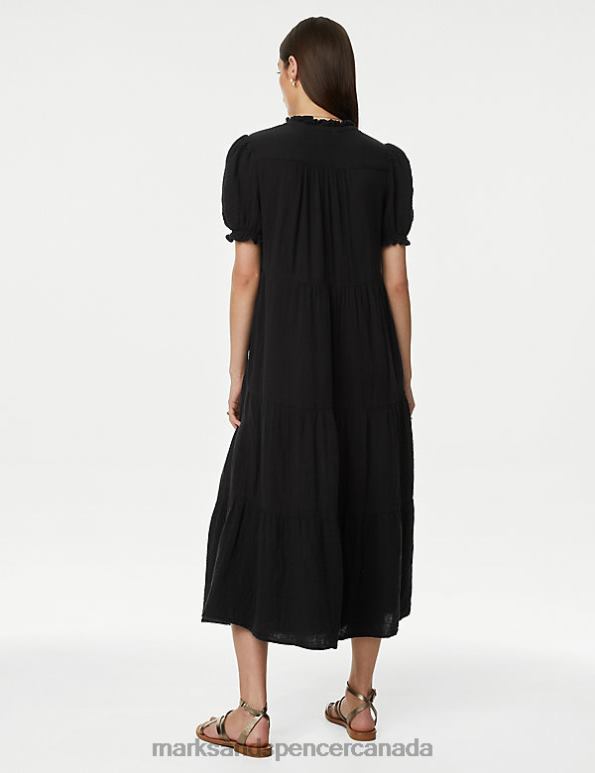 Women Black Clothing Marks & Spencer Pure Cotton Tie Neck Midi Tiered Dress 20VTD1017 - Marks and Spencer Canada locations