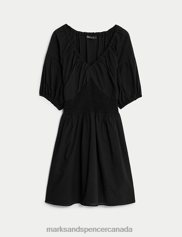 Marks and Spencer Canada - Women Black Clothing Marks & Spencer Pure Cotton V-Neck Mini Waisted Dress 20VTD2366