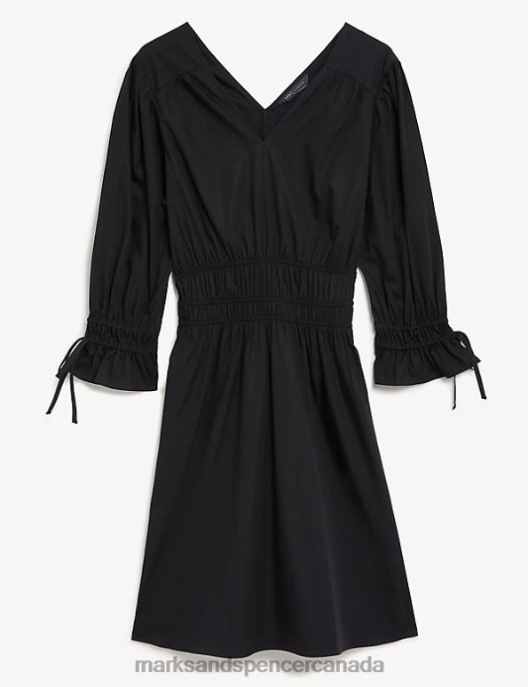 Women Black Clothing Marks & Spencer Pure Cotton V-Neck Mini Waisted Dress 20VTD2670 - Marks and Spencer outlet