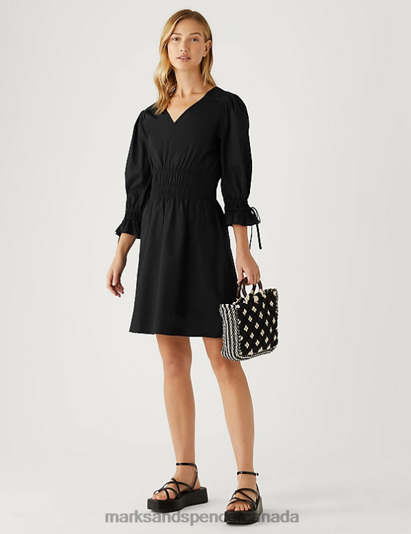 Women Black Clothing Marks & Spencer Pure Cotton V-Neck Mini Waisted Dress 20VTD2670 - Marks and Spencer outlet