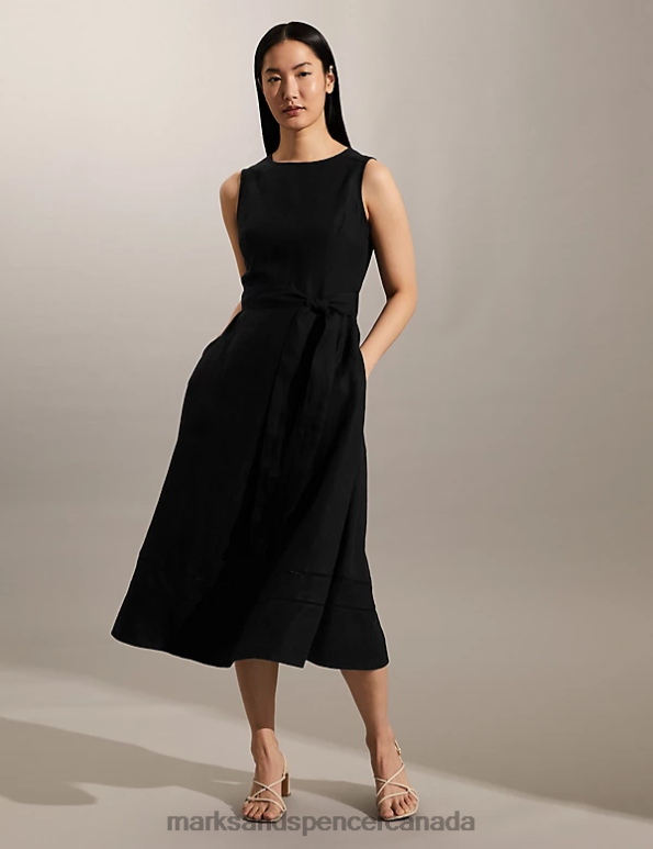 Women Black Clothing Marks & Spencer Pure Linen Belted Midi Skater Dress 20VTD1812 - Marks and Spencer outlet