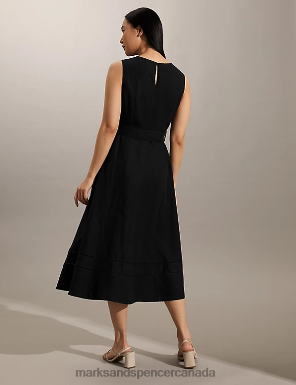 Women Black Clothing Marks & Spencer Pure Linen Belted Midi Skater Dress 20VTD1812 - Marks and Spencer outlet
