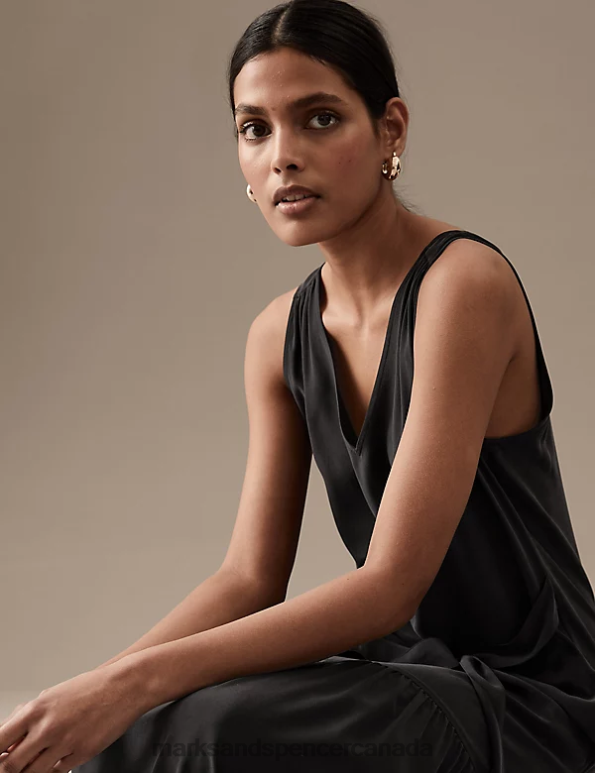 Women Black Clothing Marks & Spencer Pure Silk V-Neck Belted Midaxi Slip Dress 20VTD989 - Marks and Spencer Canada locations