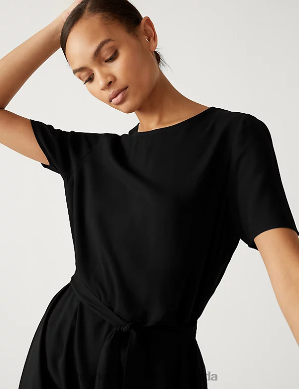 Women Black Clothing Marks & Spencer Round Neck Tie Waist Mini Tea Dress 20VTD1464 - Marks and Spencer online