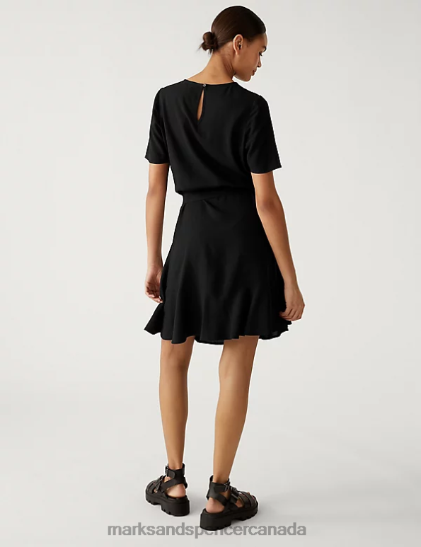Women Black Clothing Marks & Spencer Round Neck Tie Waist Mini Tea Dress 20VTD1464 - Marks and Spencer online