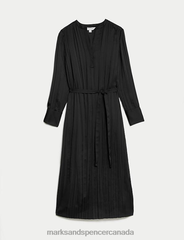 Women Black Clothing Marks & Spencer Satin Plisse Notch Neck Midaxi Shirt Dress 20VTD3257 - Marks and Spencer outlet