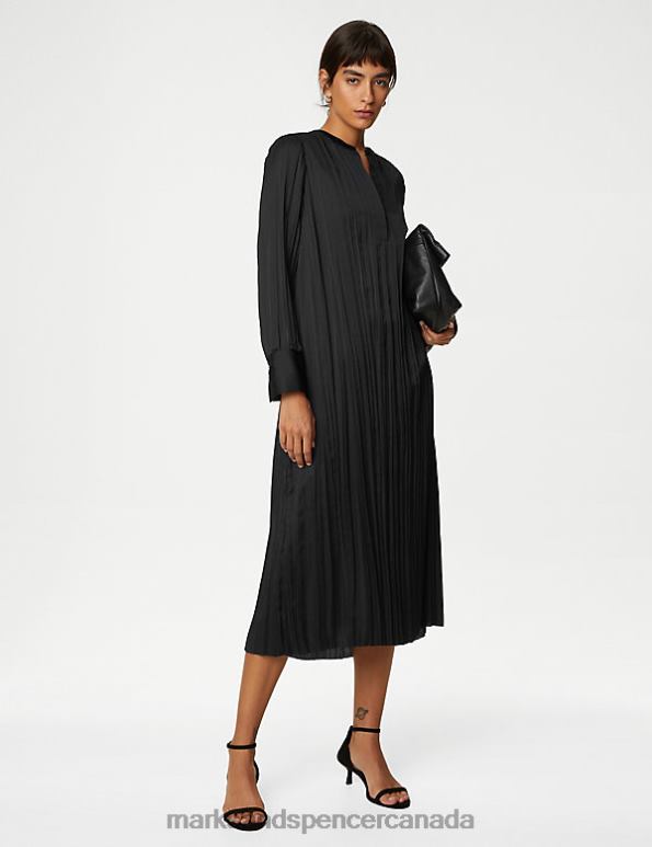 Women Black Clothing Marks & Spencer Satin Plisse Notch Neck Midaxi Shirt Dress 20VTD3257 - Marks and Spencer outlet