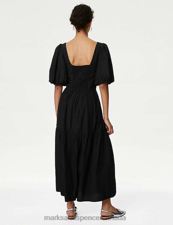 Women Black Clothing Marks & Spencer Textured Square Neck Midi Tiered Dress 20VTD1281 - Marks and Spencer outlet