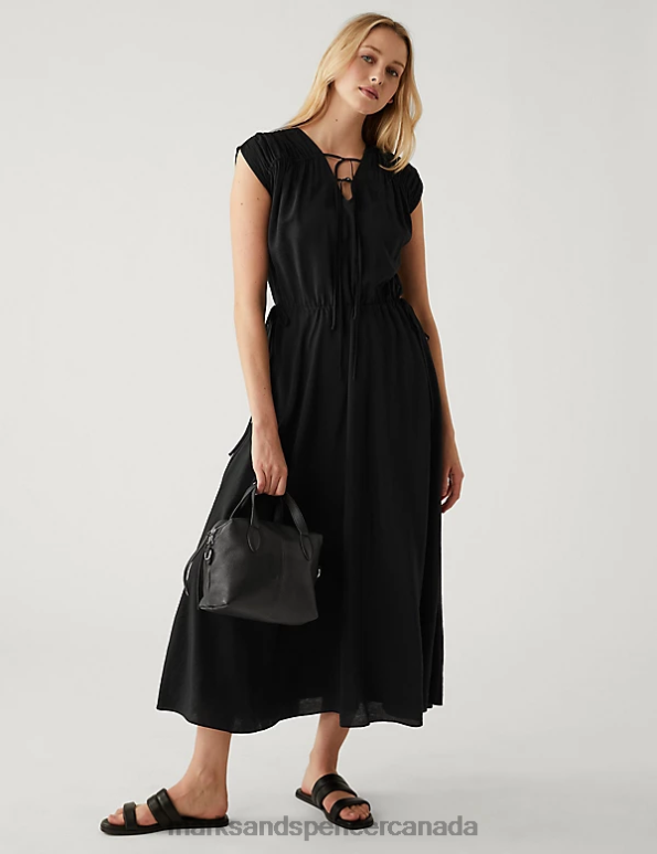 Women Black Clothing Marks & Spencer Tie Neck Midaxi Waisted Dress 20VTD3145 - Marks and Spencer Canada locations
