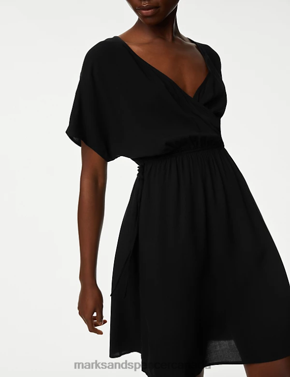 Women Black Clothing Marks & Spencer V-Neck Tie Waist Mini Waisted Dress 20VTD2551 - Marks and Spencer Canada locations