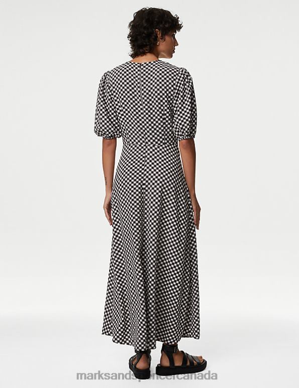 Women Black Mix Clothing Marks & Spencer Checked Textured V-Neck Midaxi Tea Dress 20VTD705 - Marks and Spencer online