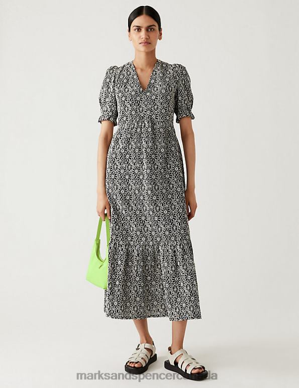 Marks and Spencer Canada - Women Black Mix Clothing Marks & Spencer Cotton Rich Floral Embroidered Midi Tea Dress 20VTD1086