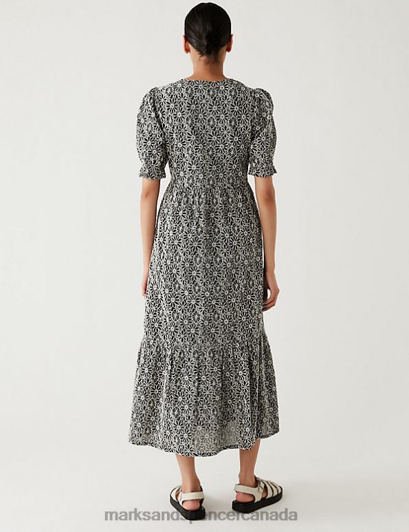 Marks and Spencer Canada - Women Black Mix Clothing Marks & Spencer Cotton Rich Floral Embroidered Midi Tea Dress 20VTD1086