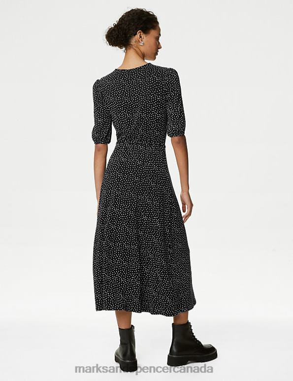 Marks and Spencer sale - Women Black Mix Clothing Marks & Spencer Jersey Printed Belted Midi Tea Dress 20VTD985