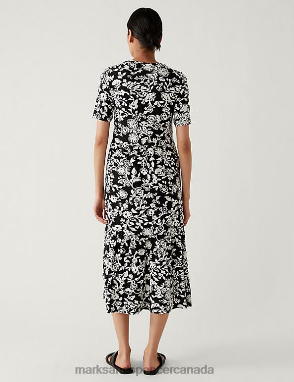Women Black Mix Clothing Marks & Spencer Jersey Printed Round Neck Midi Tiered Dress 20VTD510 - Marks and Spencer online