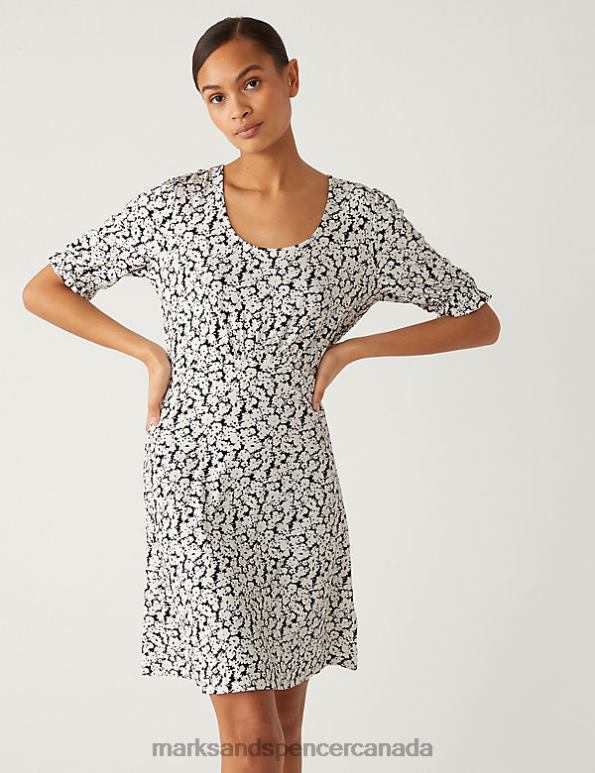 Women Black Mix Clothing Marks & Spencer Jersey Printed Scoop Neck Mini Skater Dress 20VTD1223 - Marks and Spencer outlet