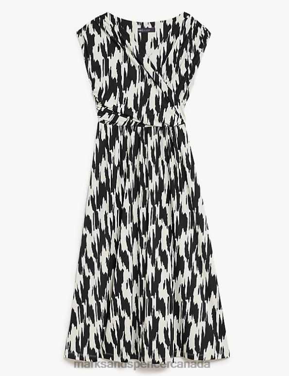 Marks and Spencer near me - Women Black Mix Clothing Marks & Spencer Jersey Printed V-Neck Midi Wrap Dress 20VTD2070