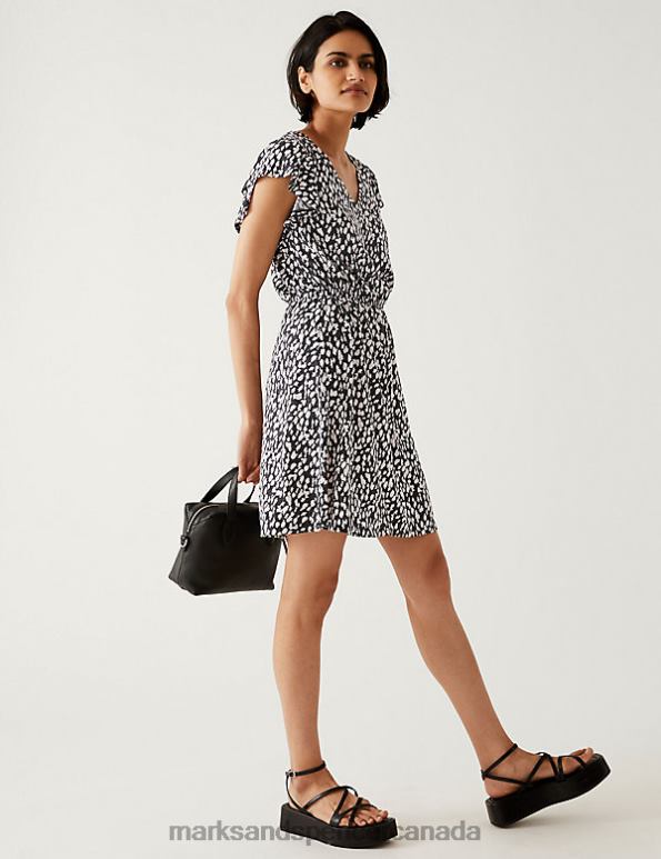 Women Black Mix Clothing Marks & Spencer Linen Rich Printed V-Neck Mini Waisted Dress 20VTD2381 - Marks and Spencer online