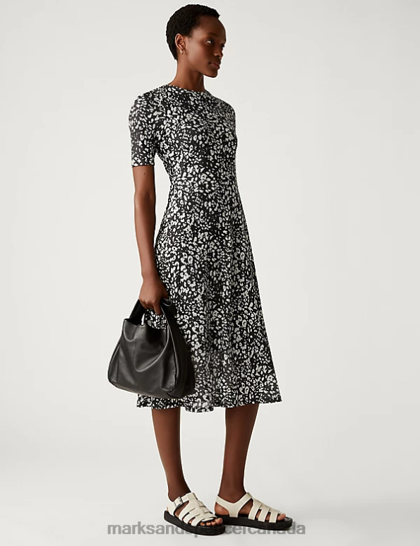 Marks and Spencer sale - Women Black Mix Clothing Marks & Spencer Mesh Jersey Printed Midi Column Dress 20VTD1675