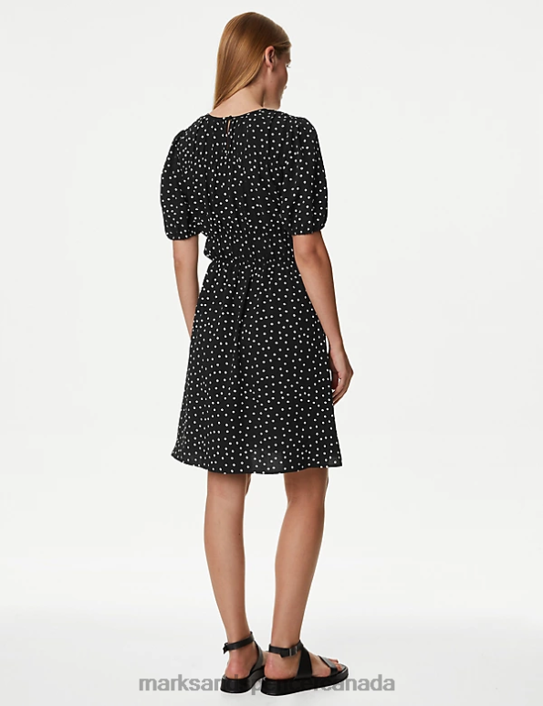 Women Black Mix Clothing Marks & Spencer Polka Dot Textured Mini Smock Dress 20VTD803 - Marks and Spencer outlet