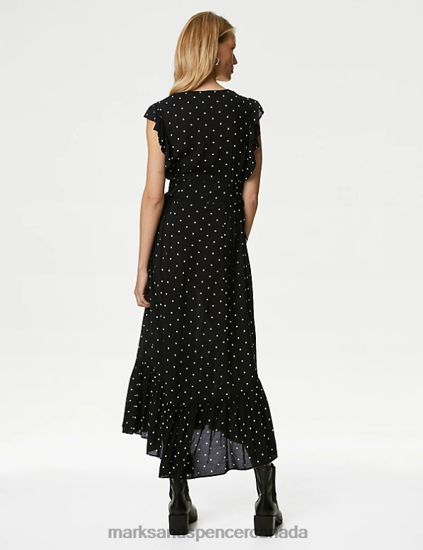 Women Black Mix Clothing Marks & Spencer Polka Dot V-Neck Midaxi Waisted Dress 20VTD1384 - Marks and Spencer Canada locations