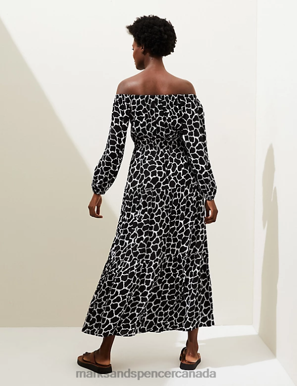 Marks and Spencer Canada - Women Black Mix Clothing Marks & Spencer Printed Bardot Midaxi Dress 20VTD2614