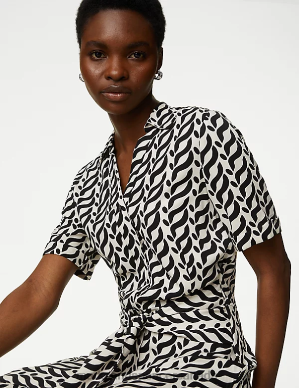 Women Black Mix Clothing Marks & Spencer Printed Collared Belted Midi Shirt Dress 20VTD350 - Marks and Spencer outlet