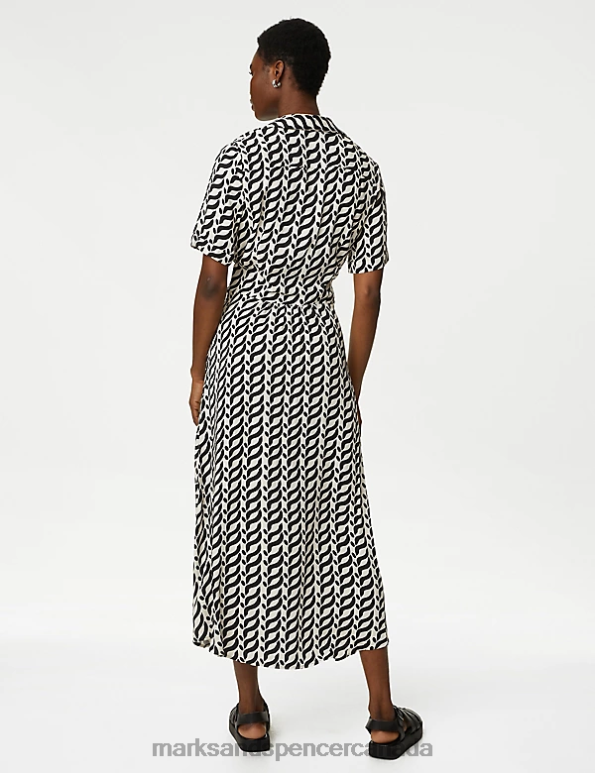 Women Black Mix Clothing Marks & Spencer Printed Collared Belted Midi Shirt Dress 20VTD350 - Marks and Spencer outlet