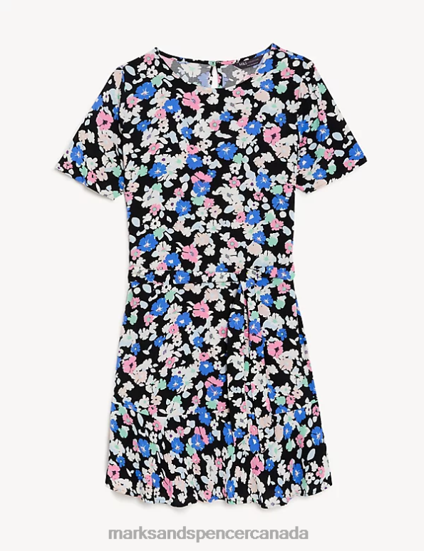 Marks and Spencer Canada - Women Black Mix Clothing Marks & Spencer Printed Round Neck Belted Mini Skater Dress 20VTD983