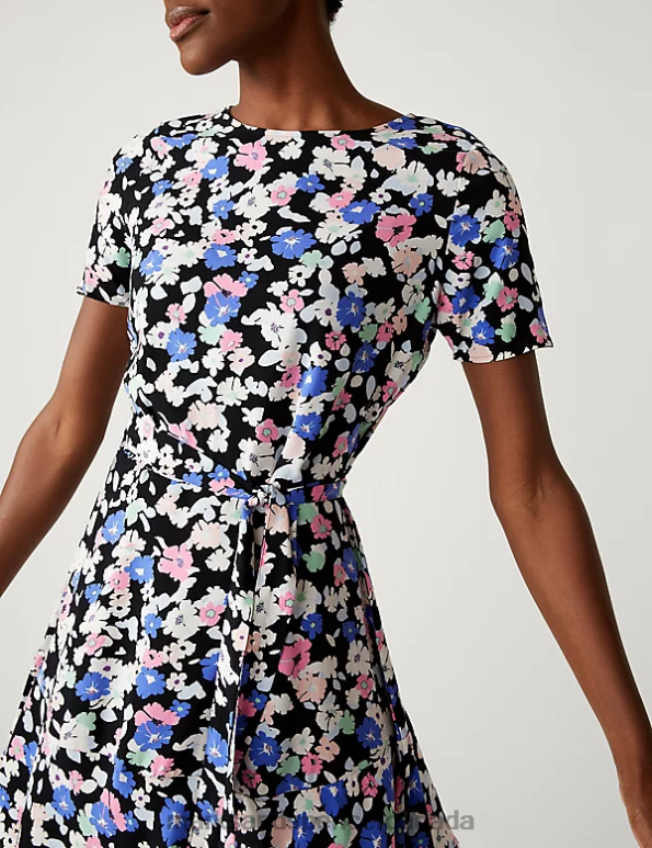 Marks and Spencer Canada - Women Black Mix Clothing Marks & Spencer Printed Round Neck Belted Mini Skater Dress 20VTD983