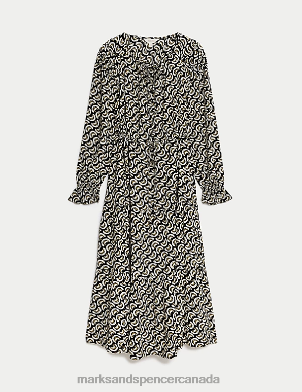 Women Black Mix Clothing Marks & Spencer Printed Shirred Midi Tiered Dress 20VTD71 - Marks and Spencer Canada locations