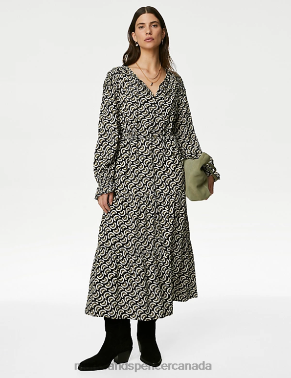 Women Black Mix Clothing Marks & Spencer Printed Shirred Midi Tiered Dress 20VTD71 - Marks and Spencer Canada locations