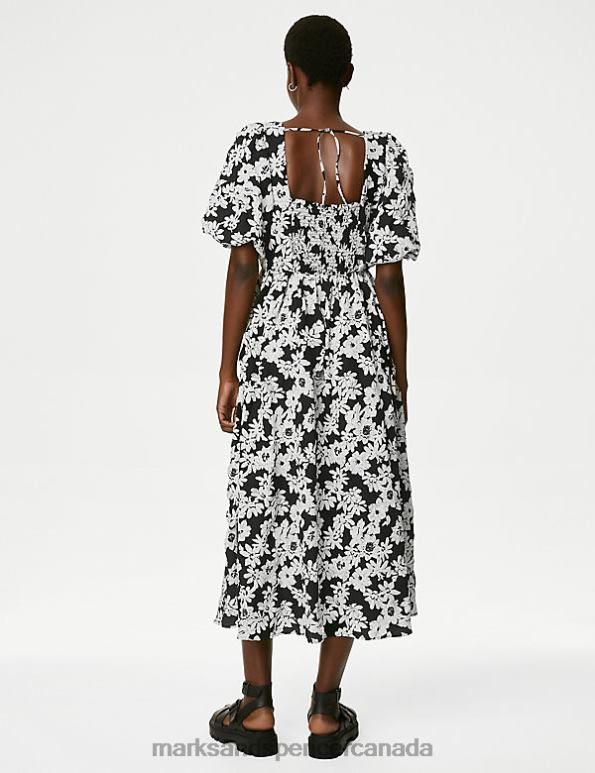 Women Black Mix Clothing Marks & Spencer Printed Square Neck Midi Skater Dress 20VTD1728 - Marks and Spencer online